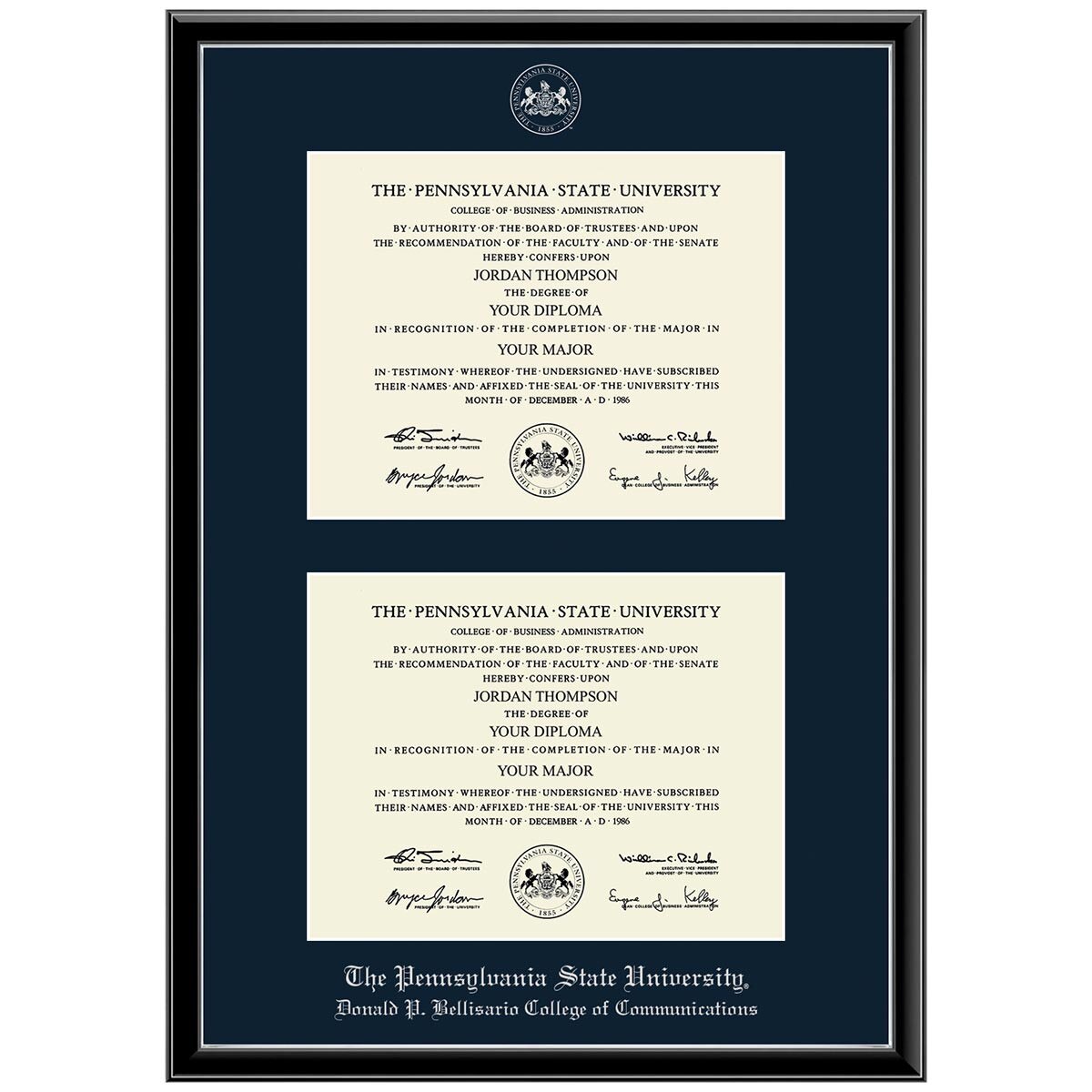 #102 Donald P. Bellisario College of Communications double diploma frame Onexa Silver (Black)